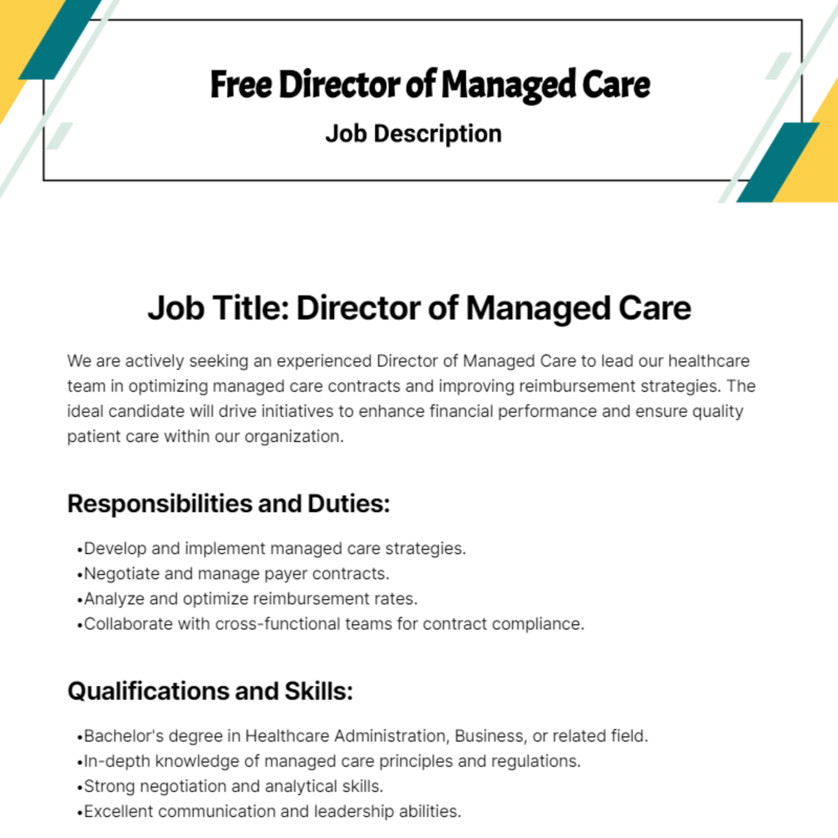 Free Director of Managed Care Job Description Template