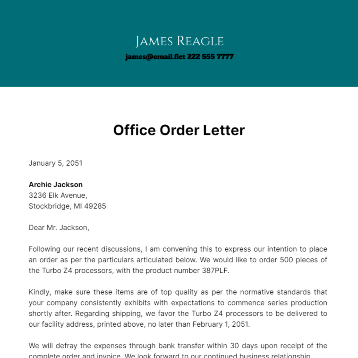 Free Office Order Letter Template