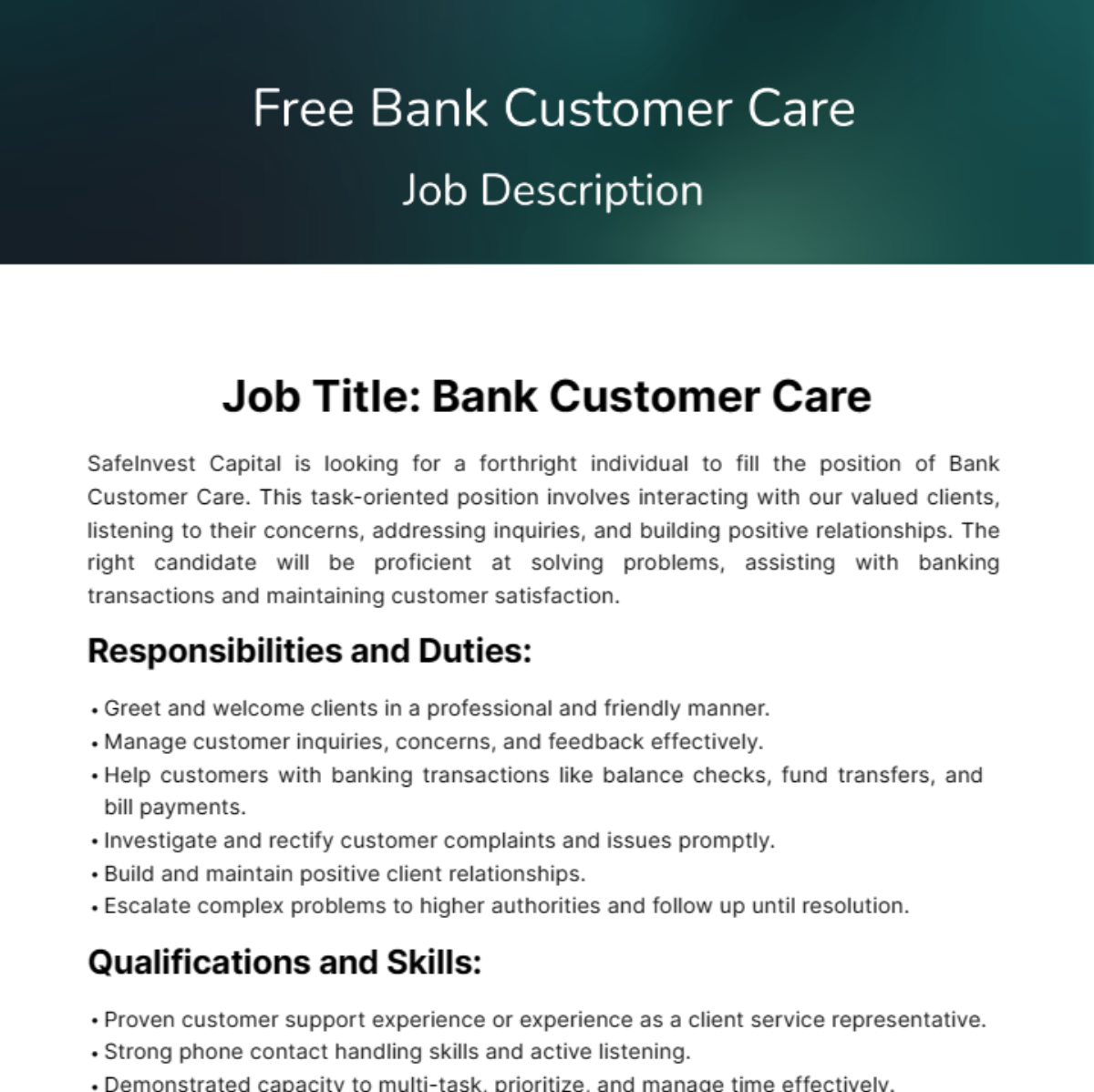 Bank Customer Care Job Description Template