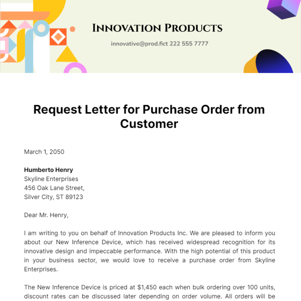 Request Letter for Purchase Order from Customer Template