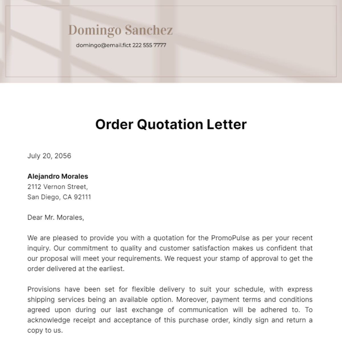 Free Order Quotation Letter Template