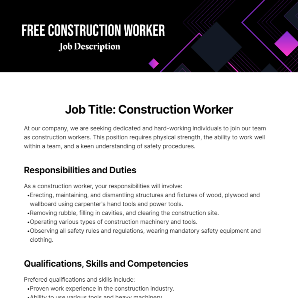 Free Construction Worker Job Description Template