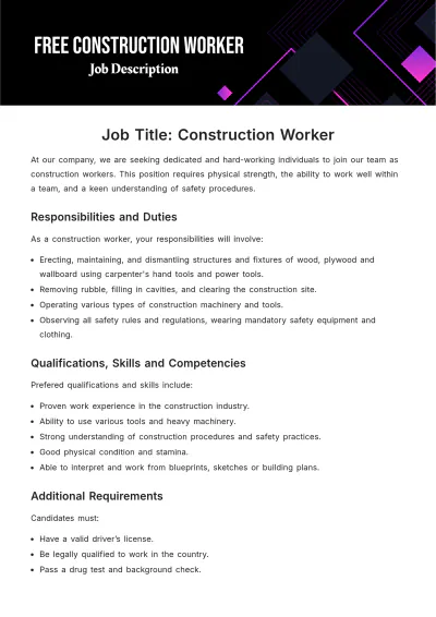 Free Construction Worker Job Description Template to Edit Online