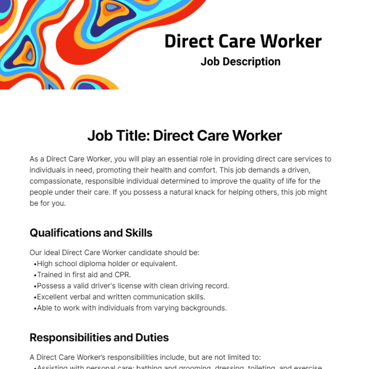 Direct Care Worker Job Description Template