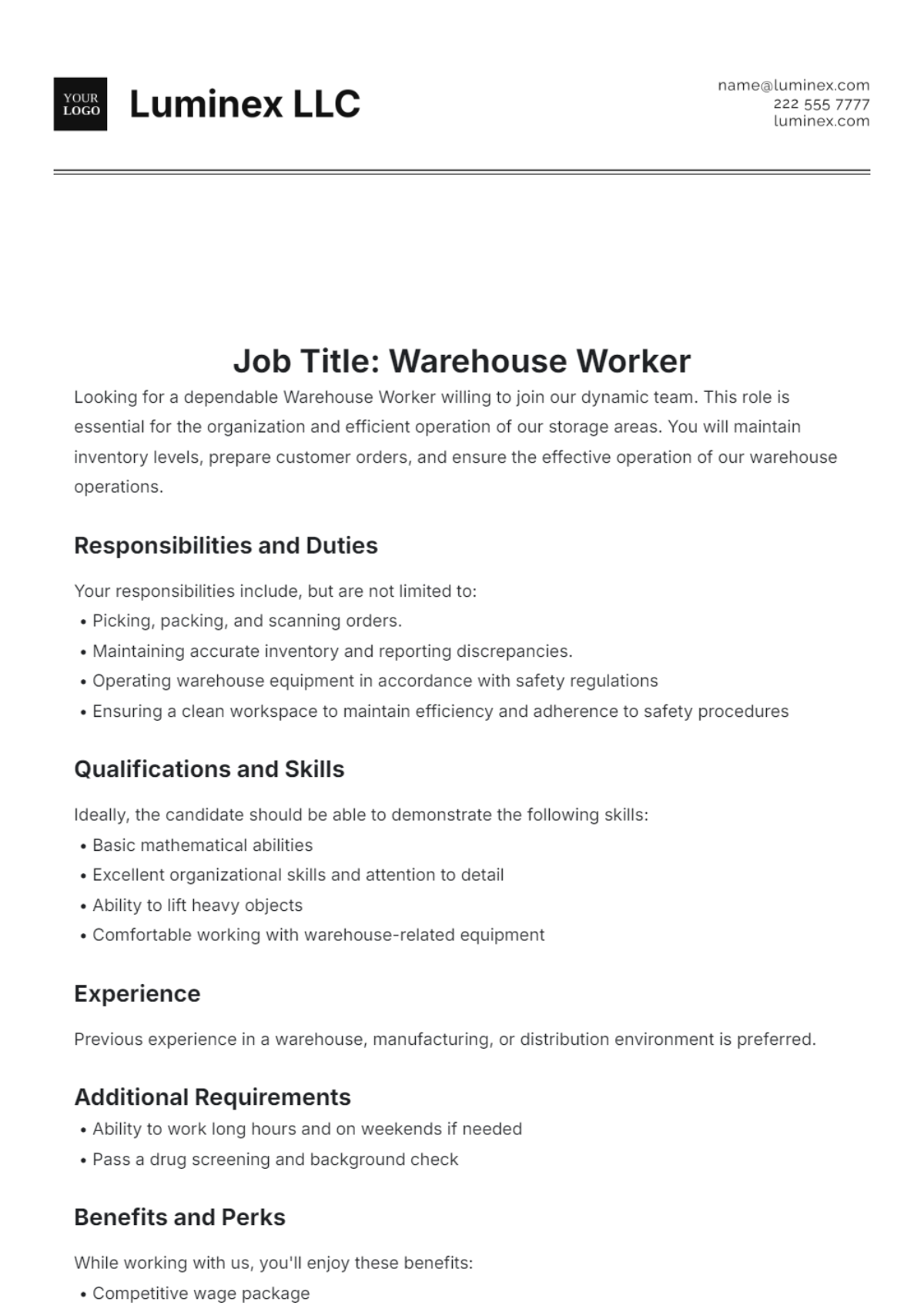 Warehouse Worker Job Description Template - Edit Online & Download