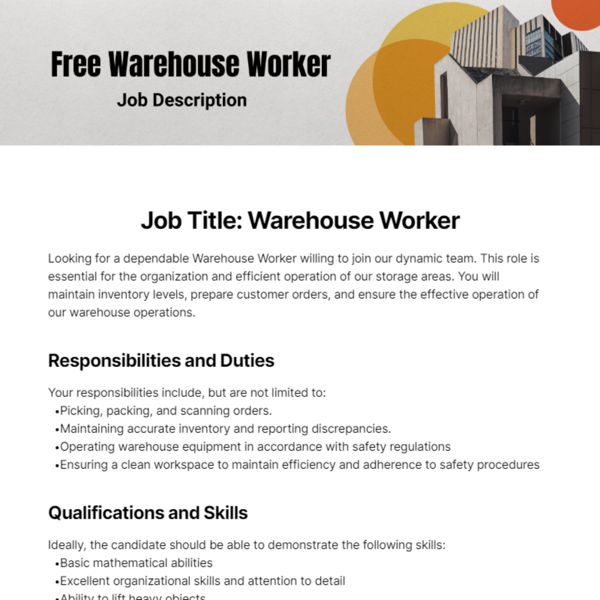 Free Warehouse Worker Job Description Template