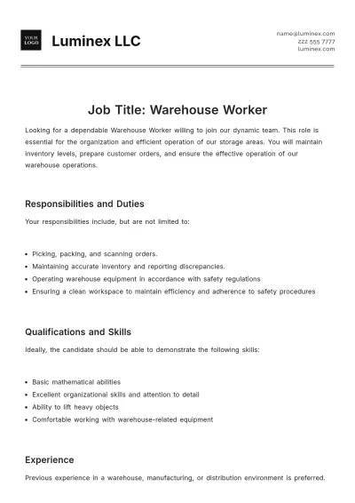 Free Warehouse Worker Job Description Template to Edit Online