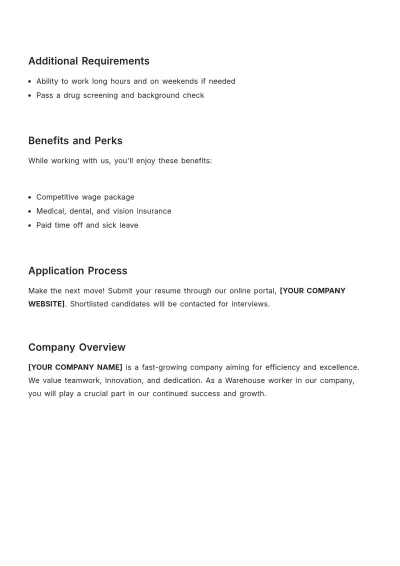Free Warehouse Worker Job Description Template to Edit Online