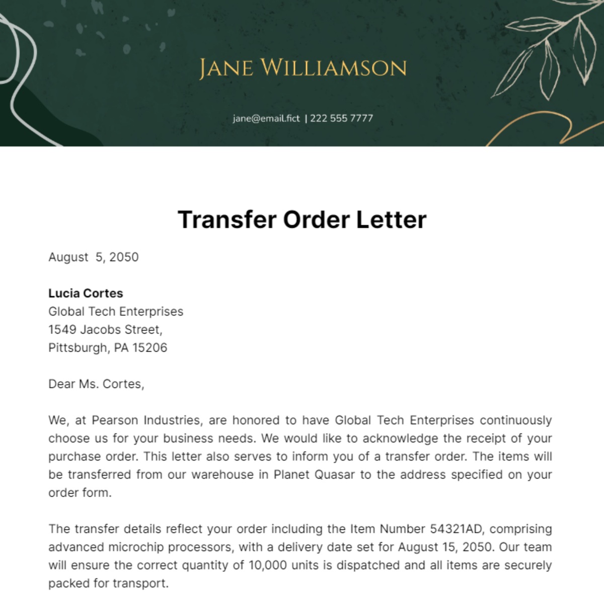 Transfer Order Letter Template