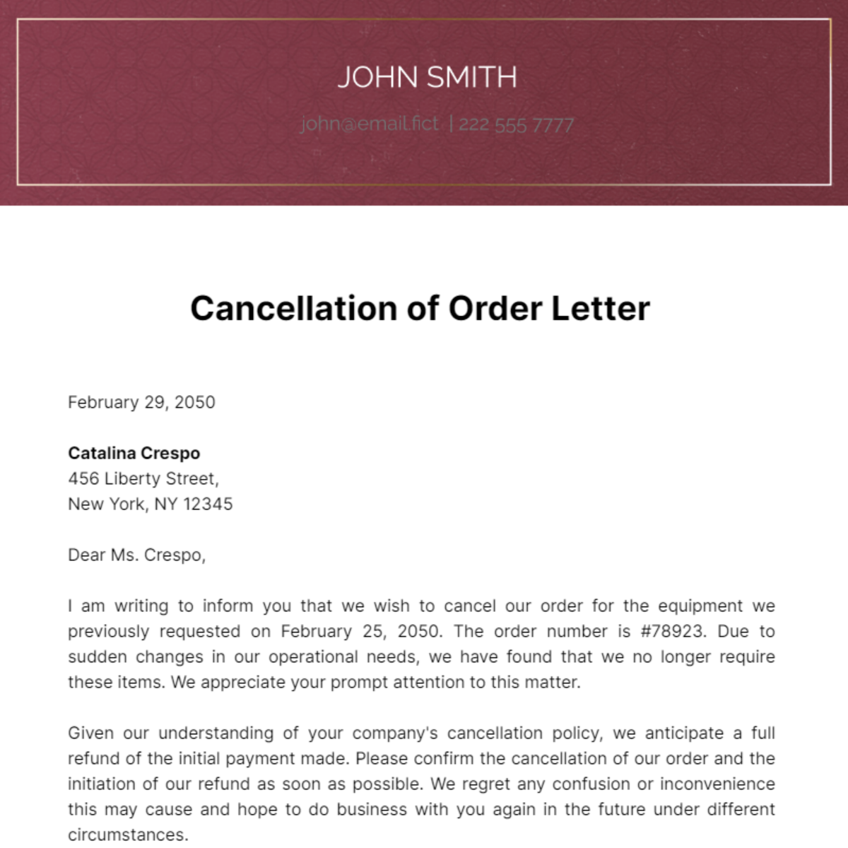 Free Cancellation of Order Letter Template