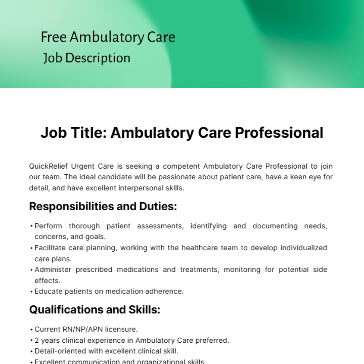 Ambulatory Care Job Description Template