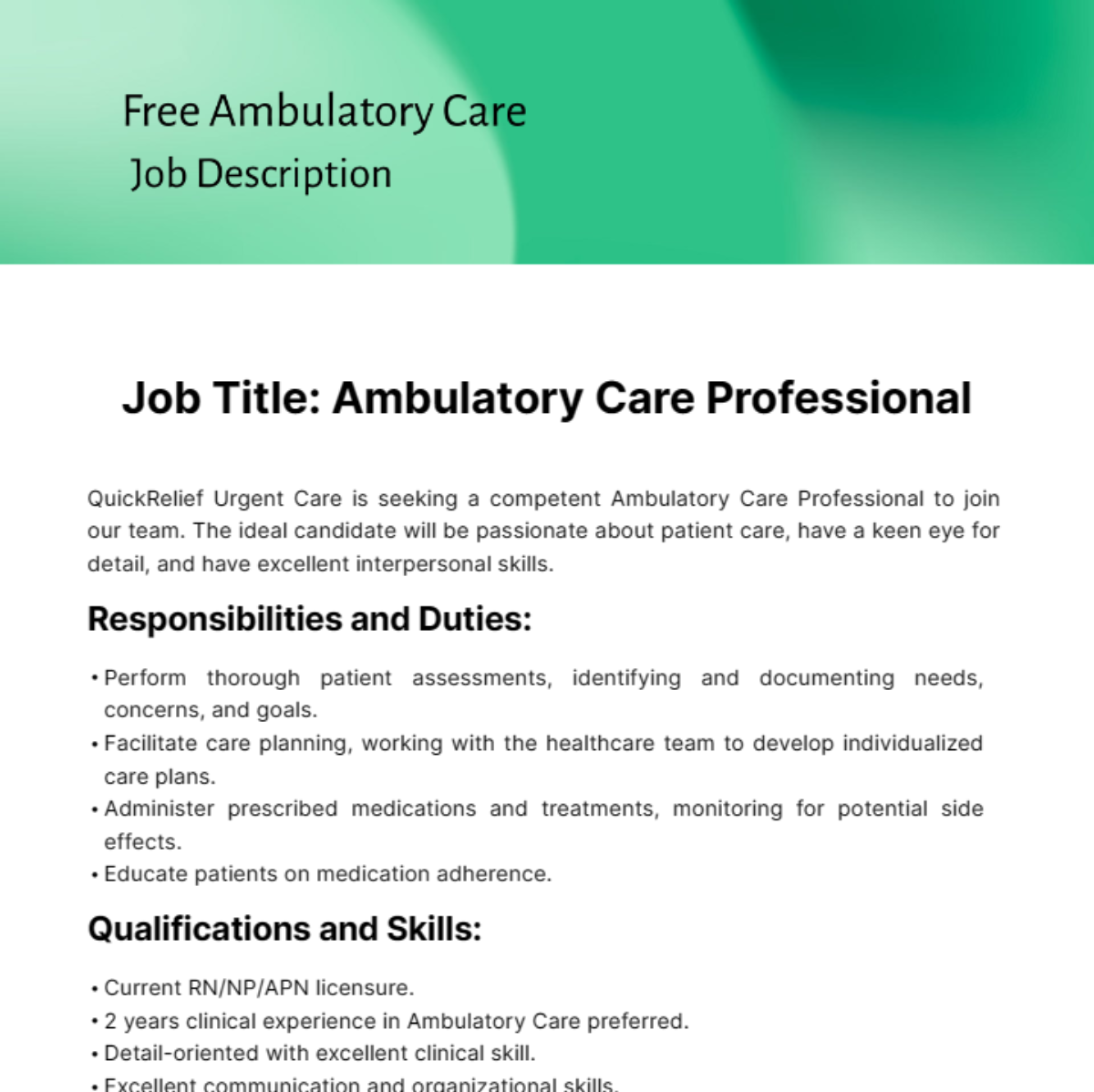 Ambulatory Care Job Description Template Edit Online Download 