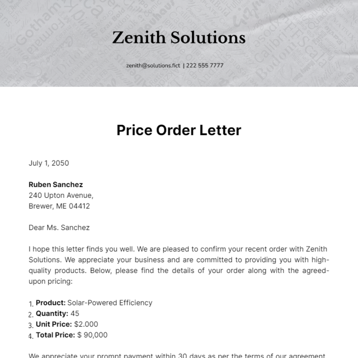 Price Order Letter Template