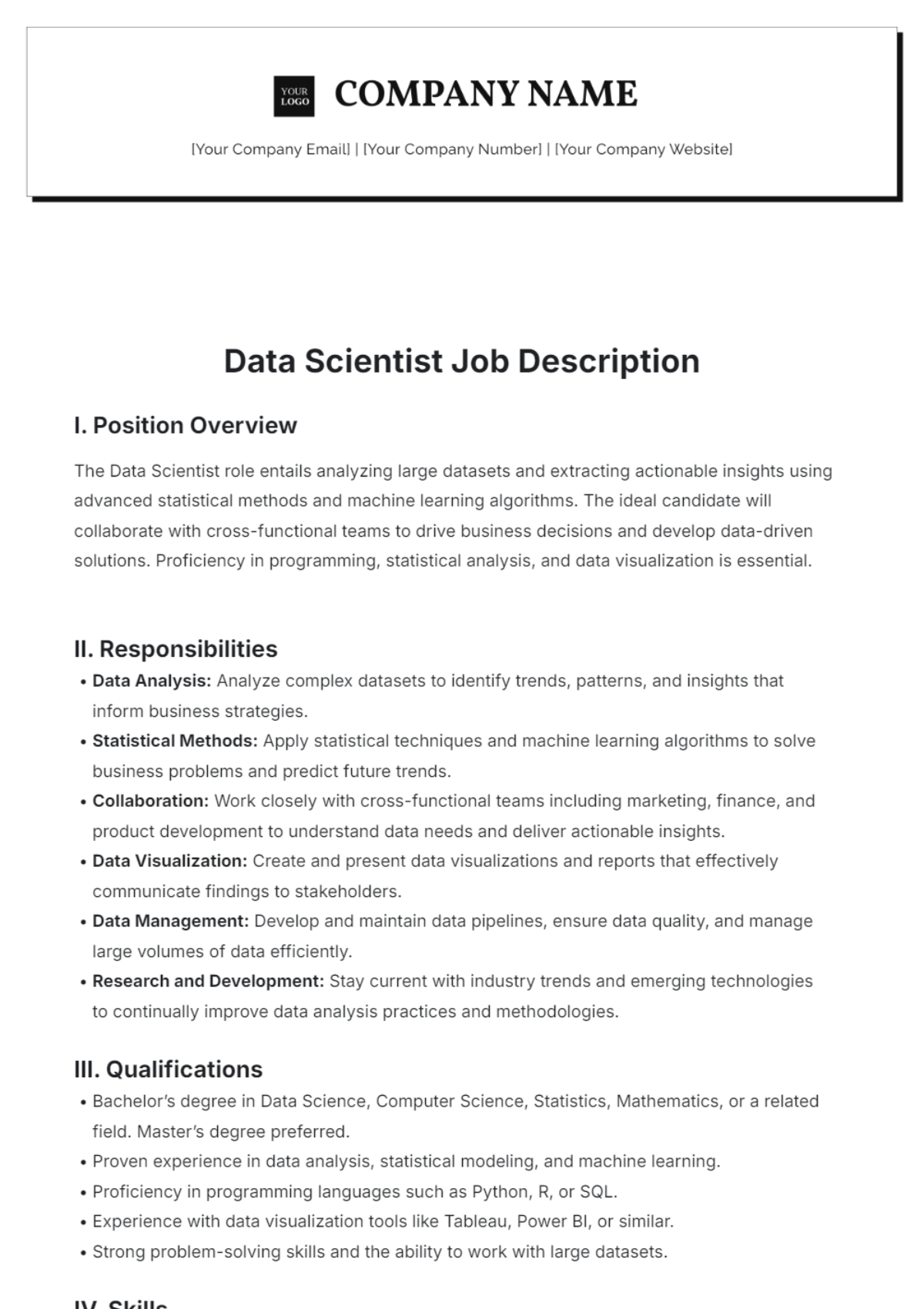 Data Scientist Job Description Template - Edit Online & Download