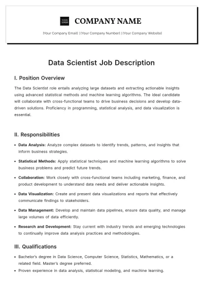 Free Data Scientist Job Description Template to Edit Online