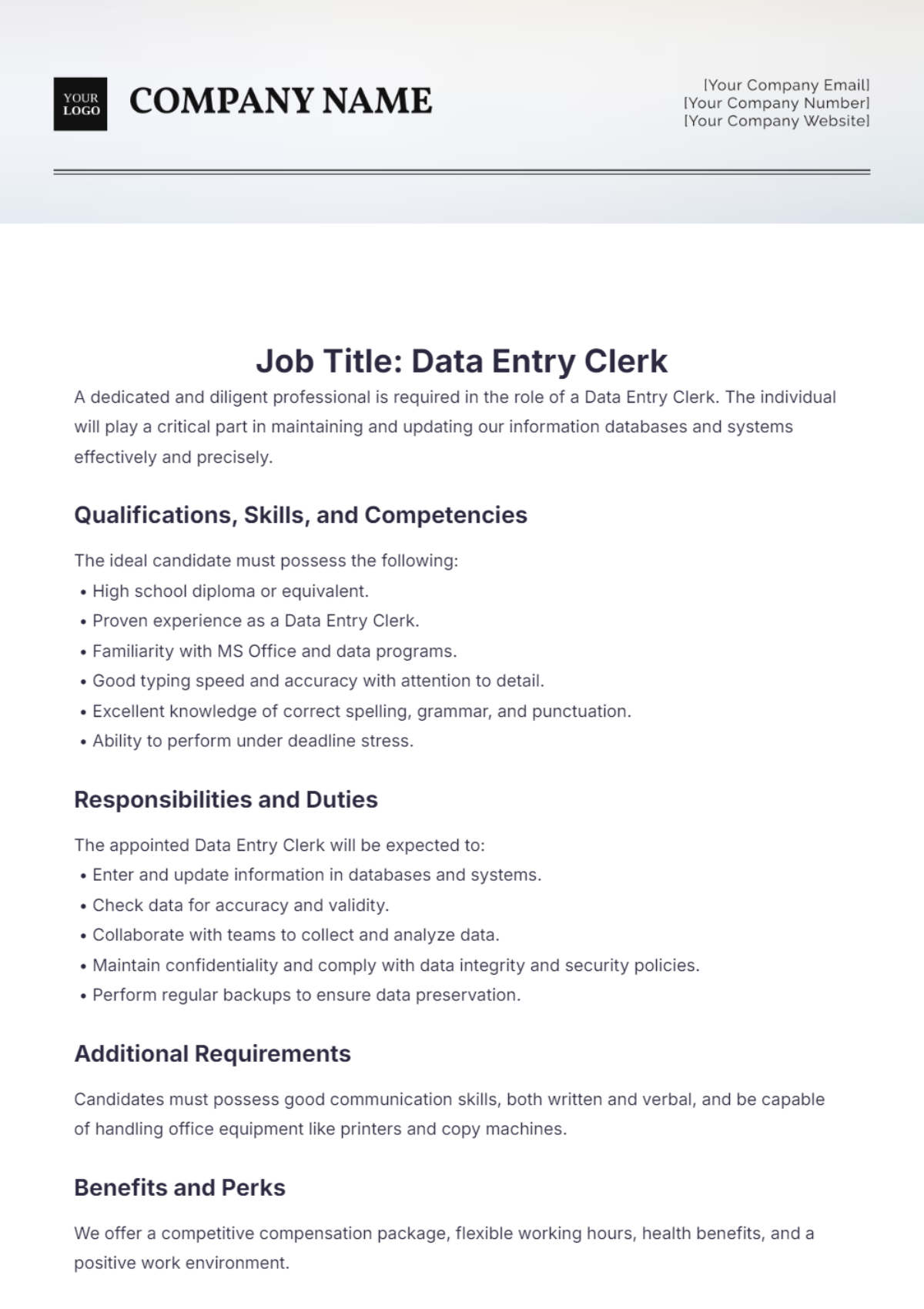 Data Entry Clerk Job Description Template - Edit Online & Download