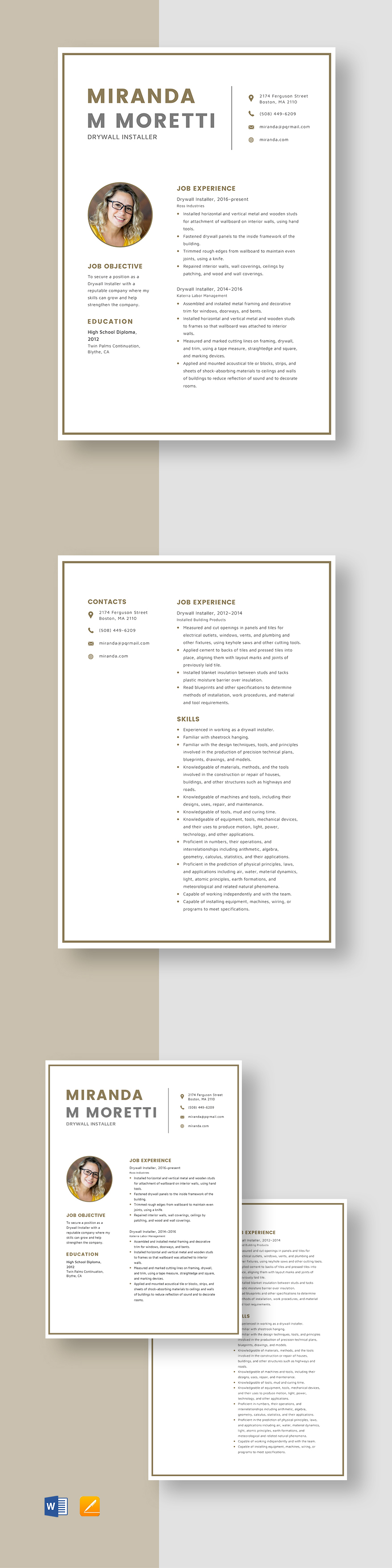 Free Drywall Installer Resume Template Word, Apple Pages