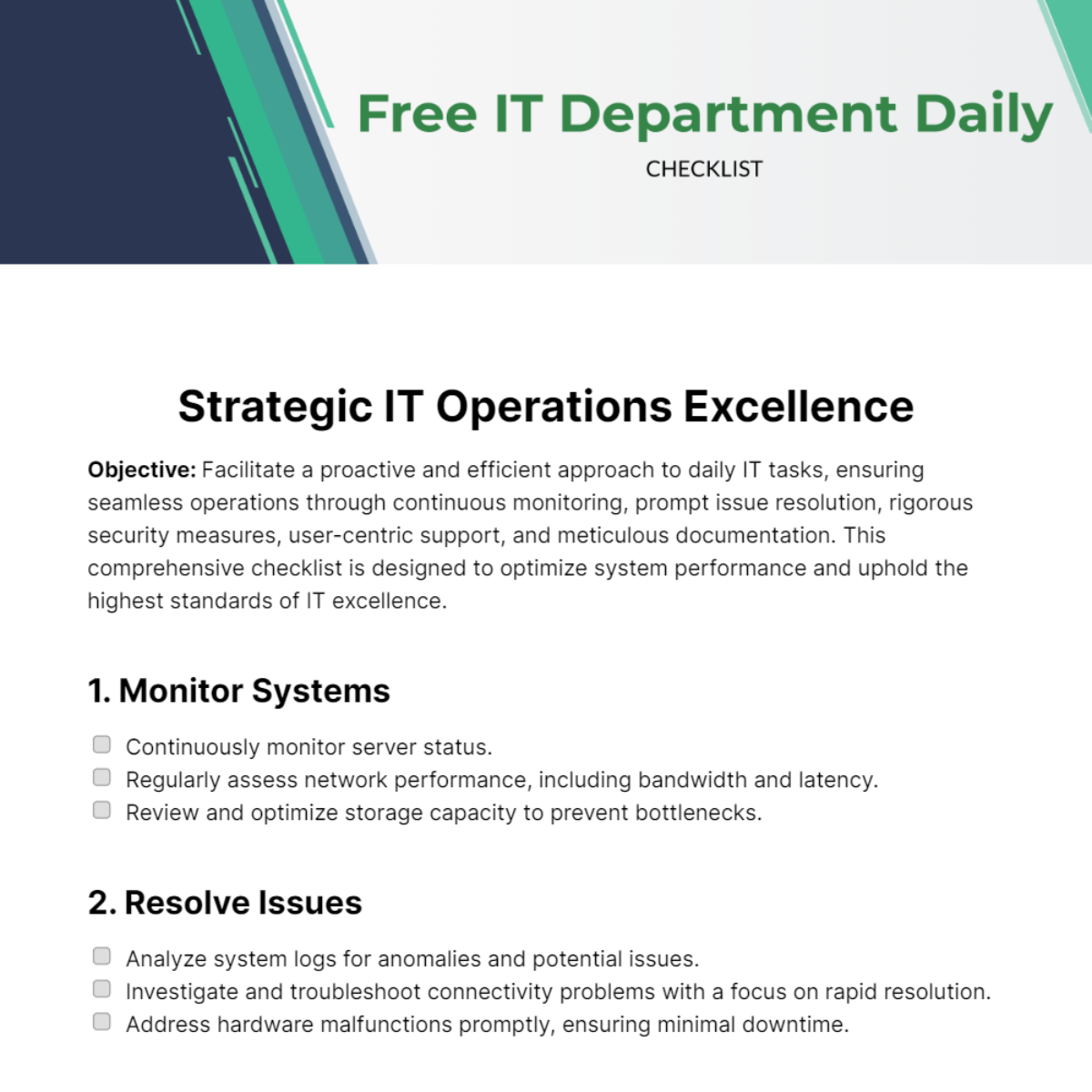 IT Department Daily Checklist Template