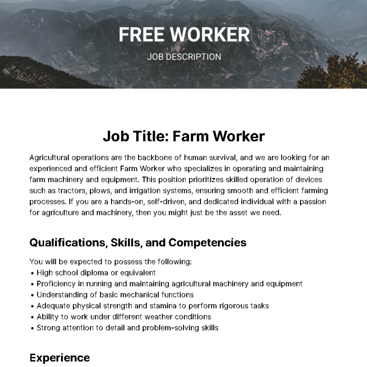 Free Worker Job Description Template
