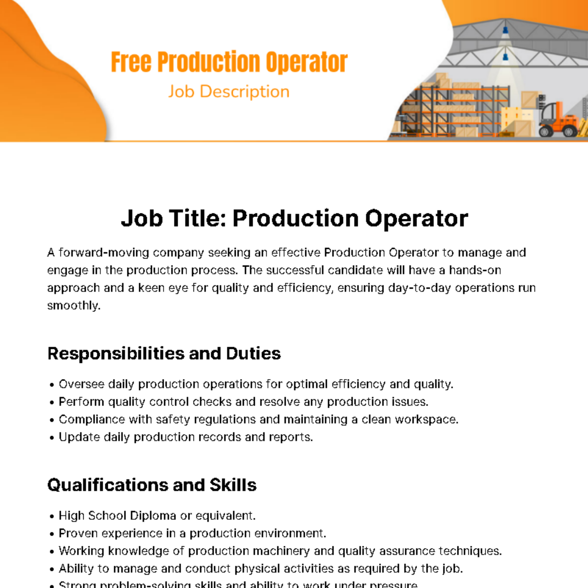 Production Operator Job Description Template