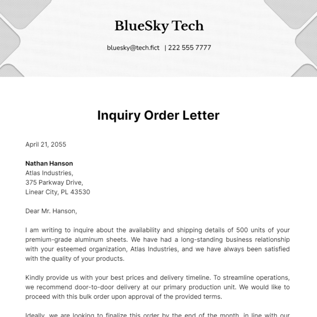 Free Inquiry Order Letter Template