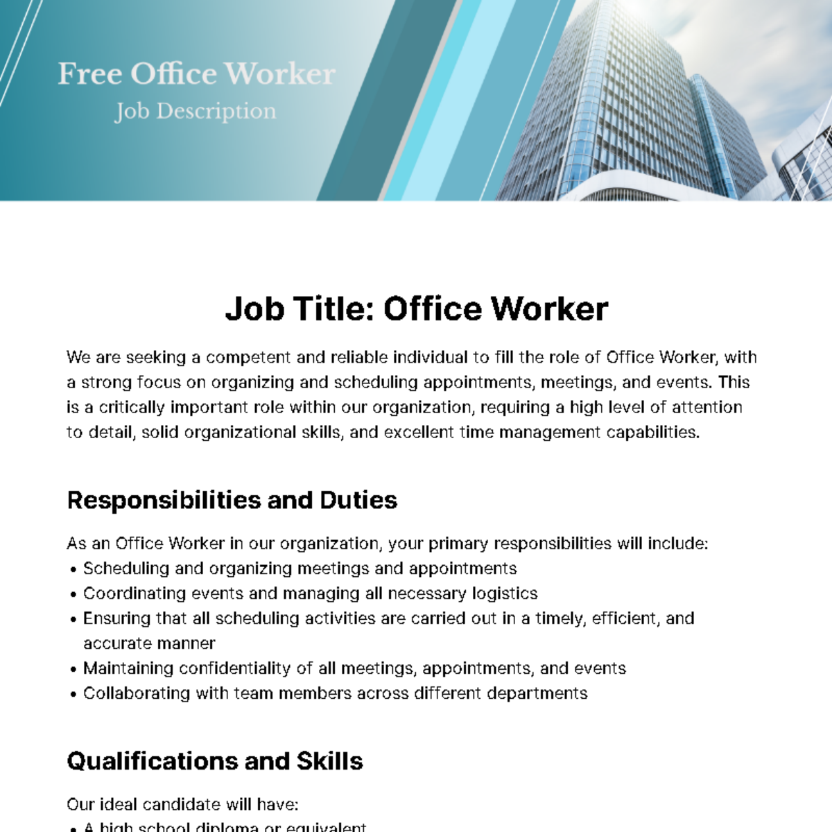 Free Office Worker Job Description Template