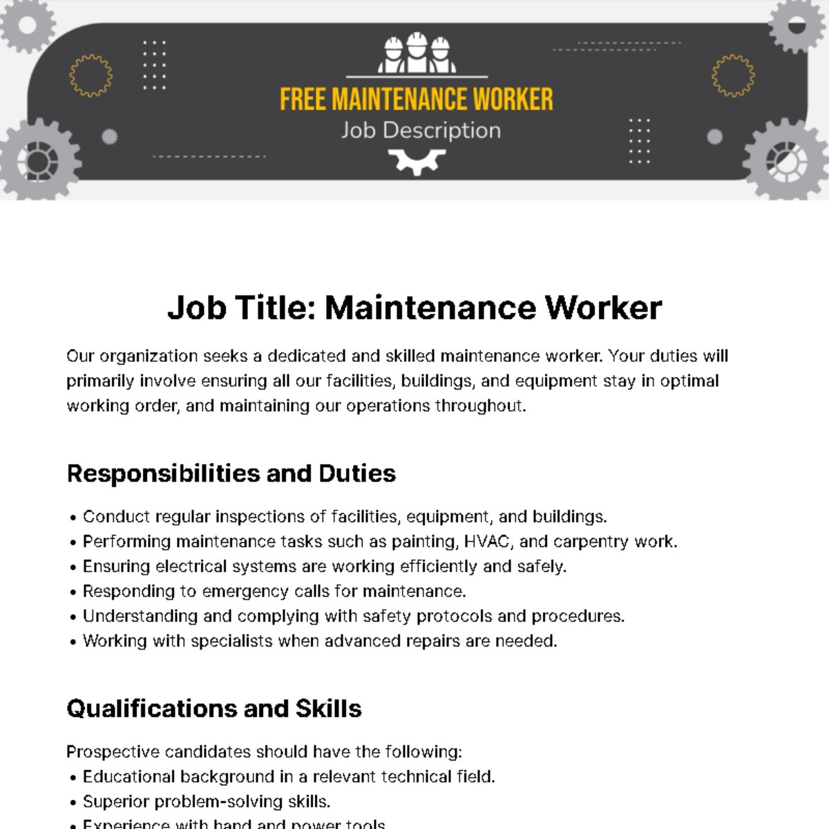 Free Maintenance Worker Job Description Template