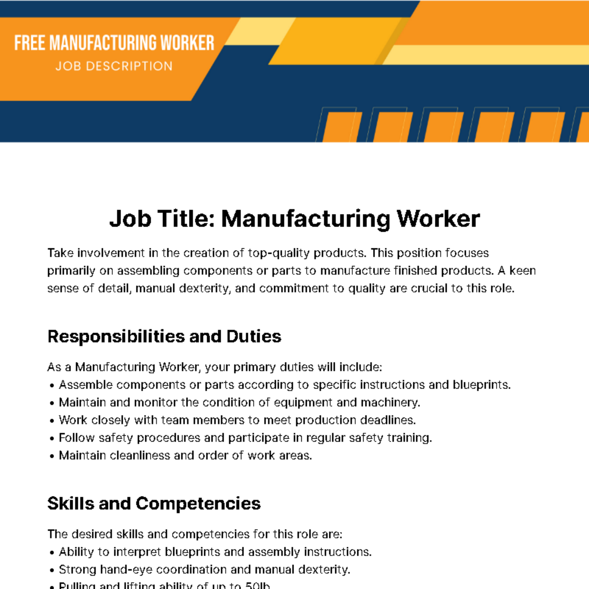 Free Manufacturing Worker Job Description Template