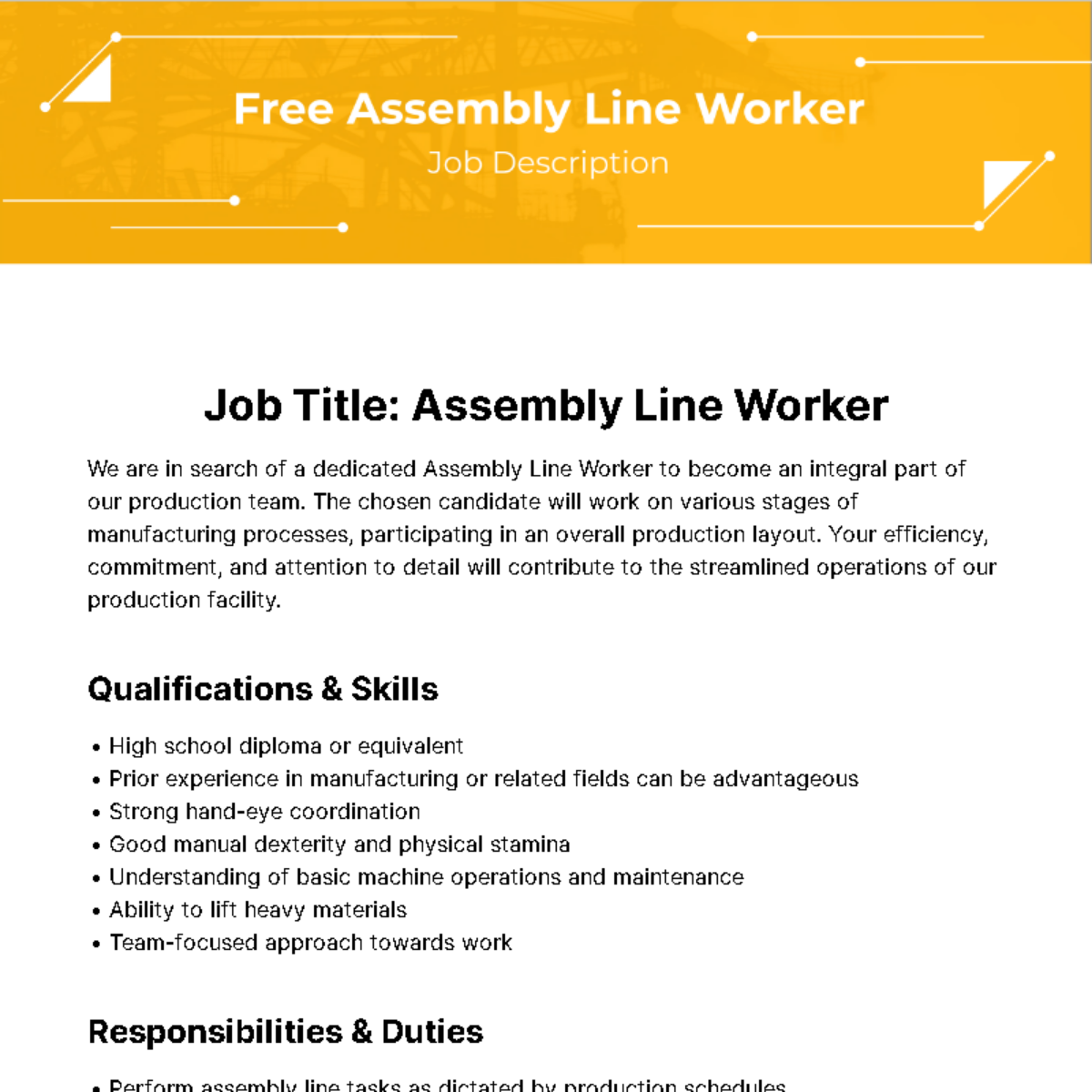 Assembly Line Worker Job Description Template
