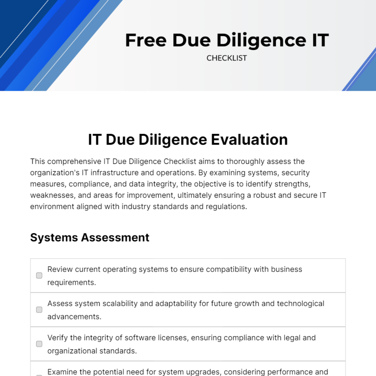 Free Due Diligence IT Checklist Template
