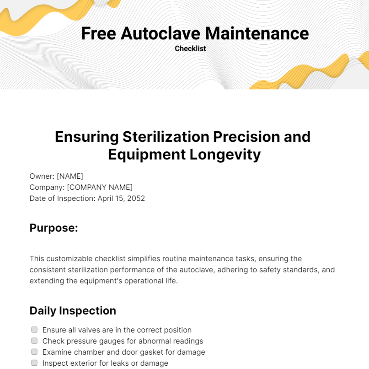 Autoclave Maintenance Checklist Template