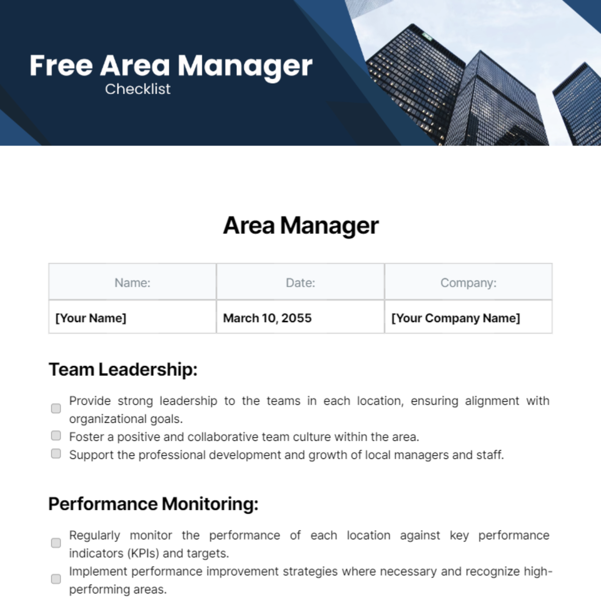 Area Manager Checklist Template