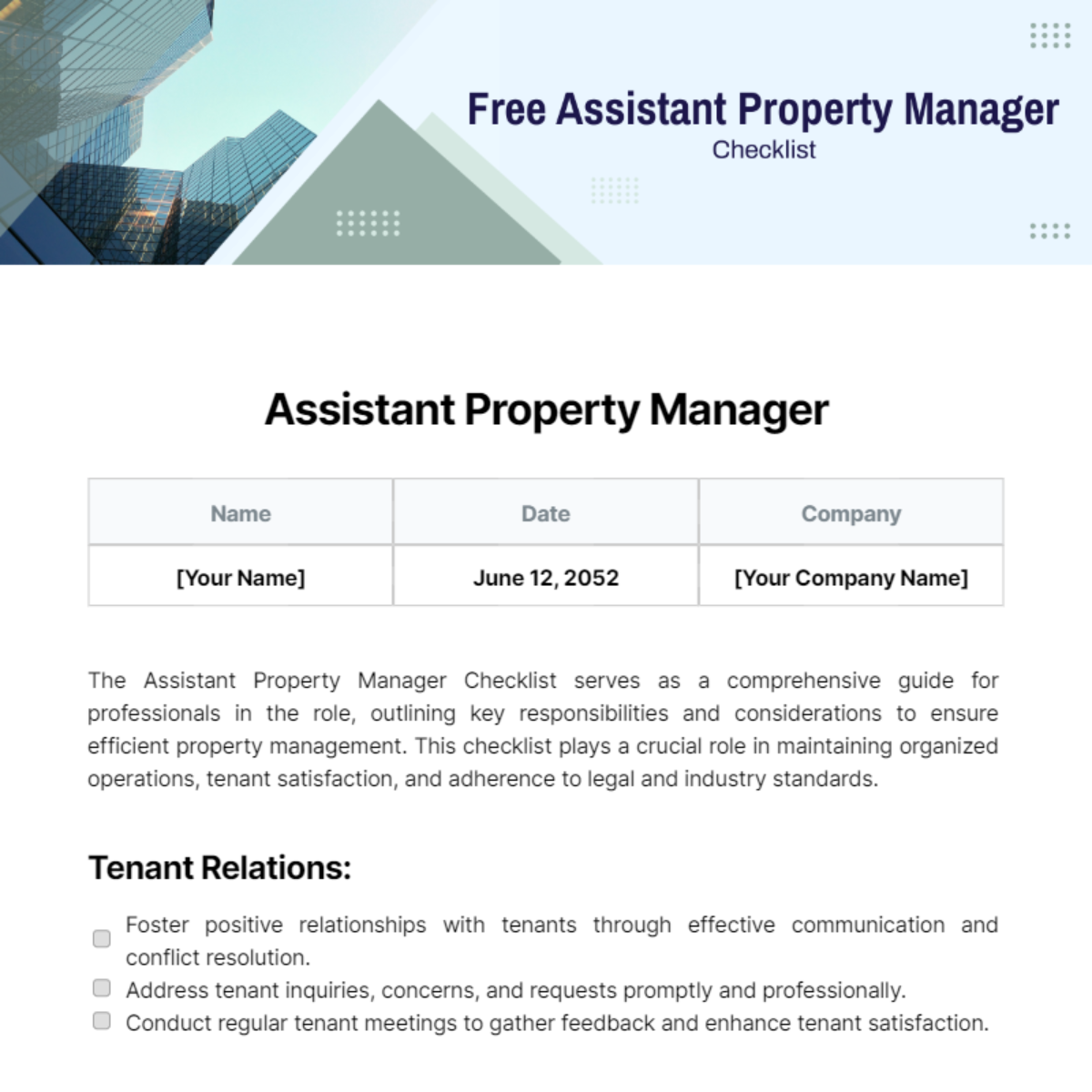 Assistant Property Manager Checklist Template