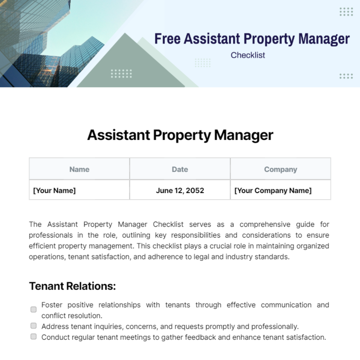 Assistant Property Manager Daily Checklist