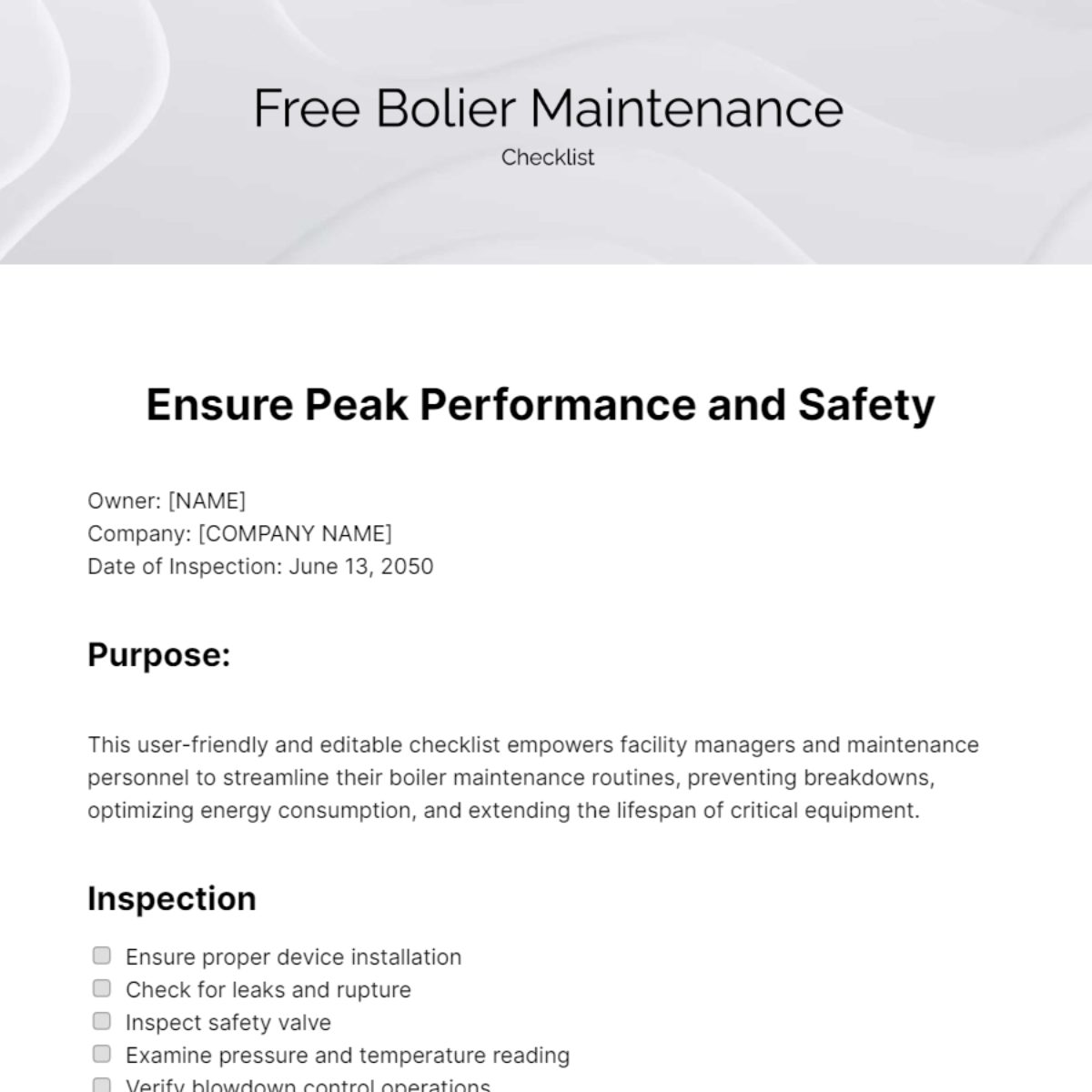 Free Bolier Maintenance Checklist Template
