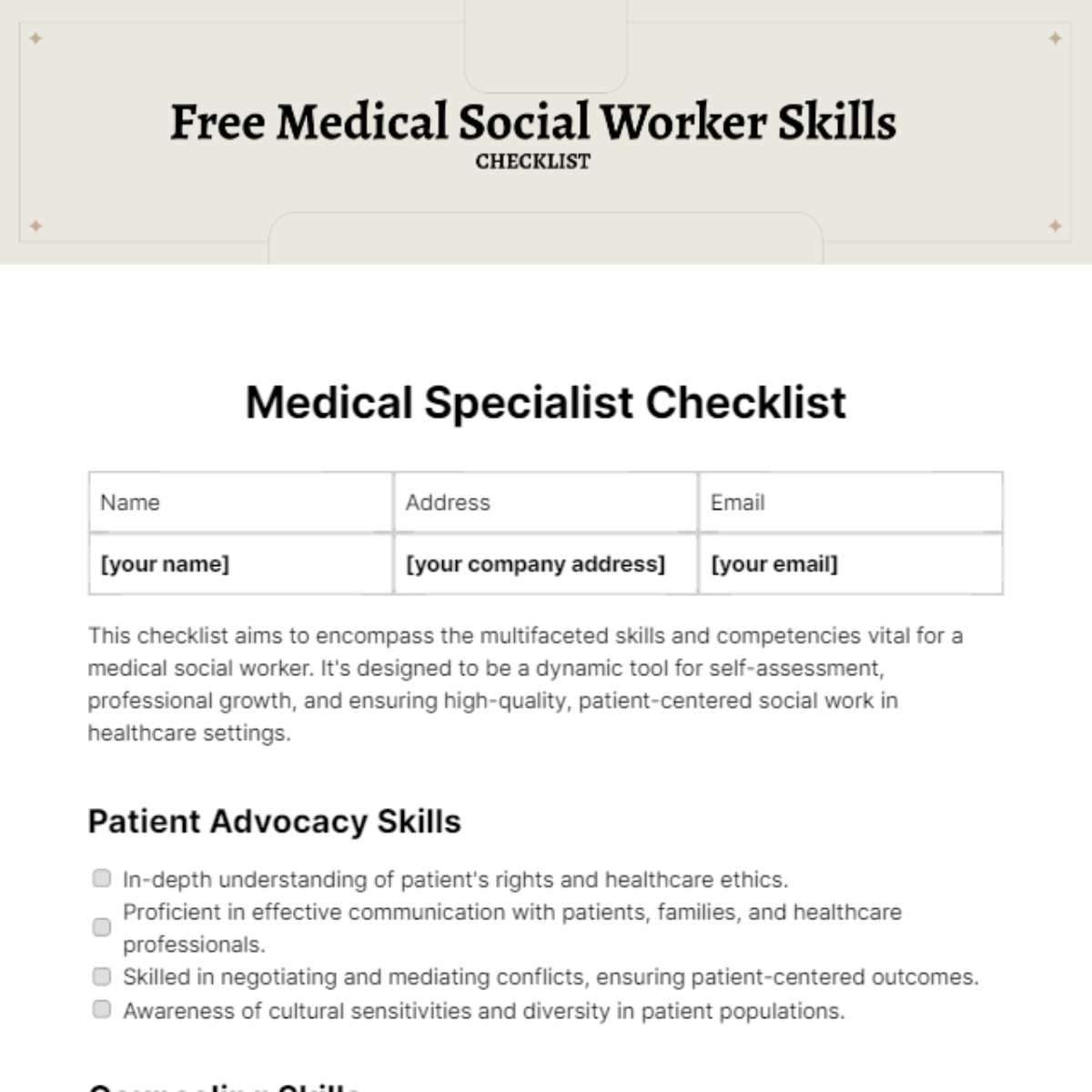 Free Medical Social Worker Skills Checklist Template