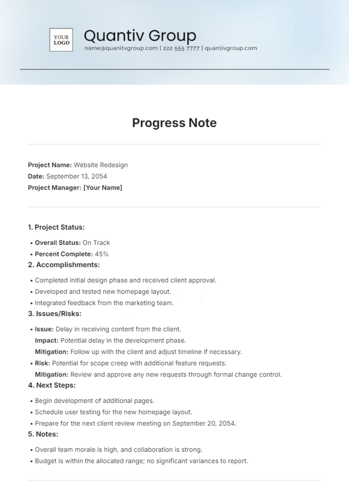 Free Progress Note Template