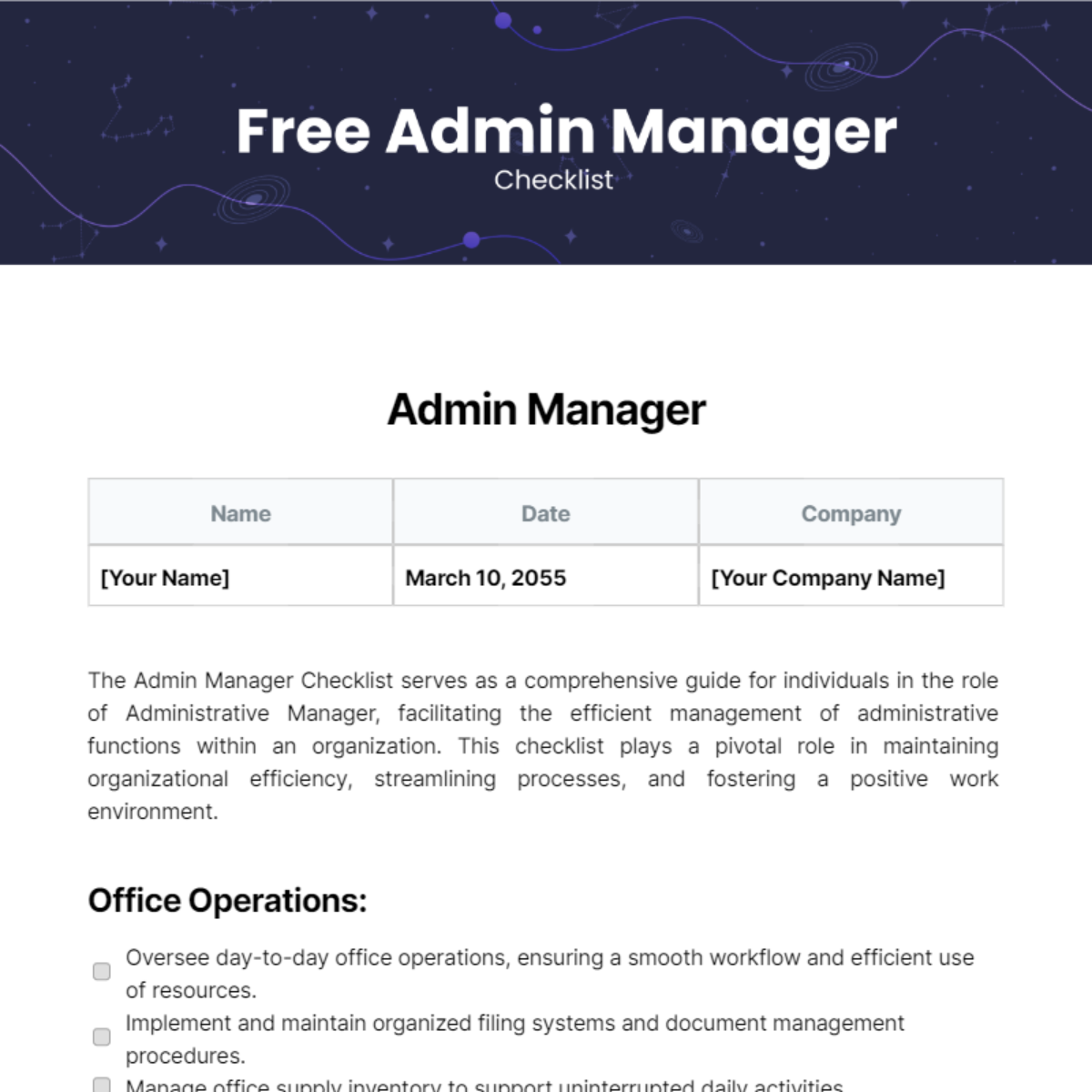 Admin Manager Checklist Template