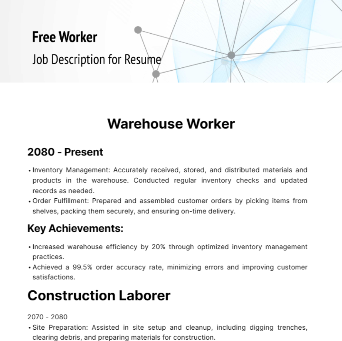 Free Worker Job Description for Resume Template
