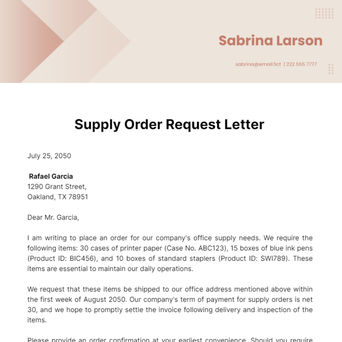 Supply Order Request Letter Template