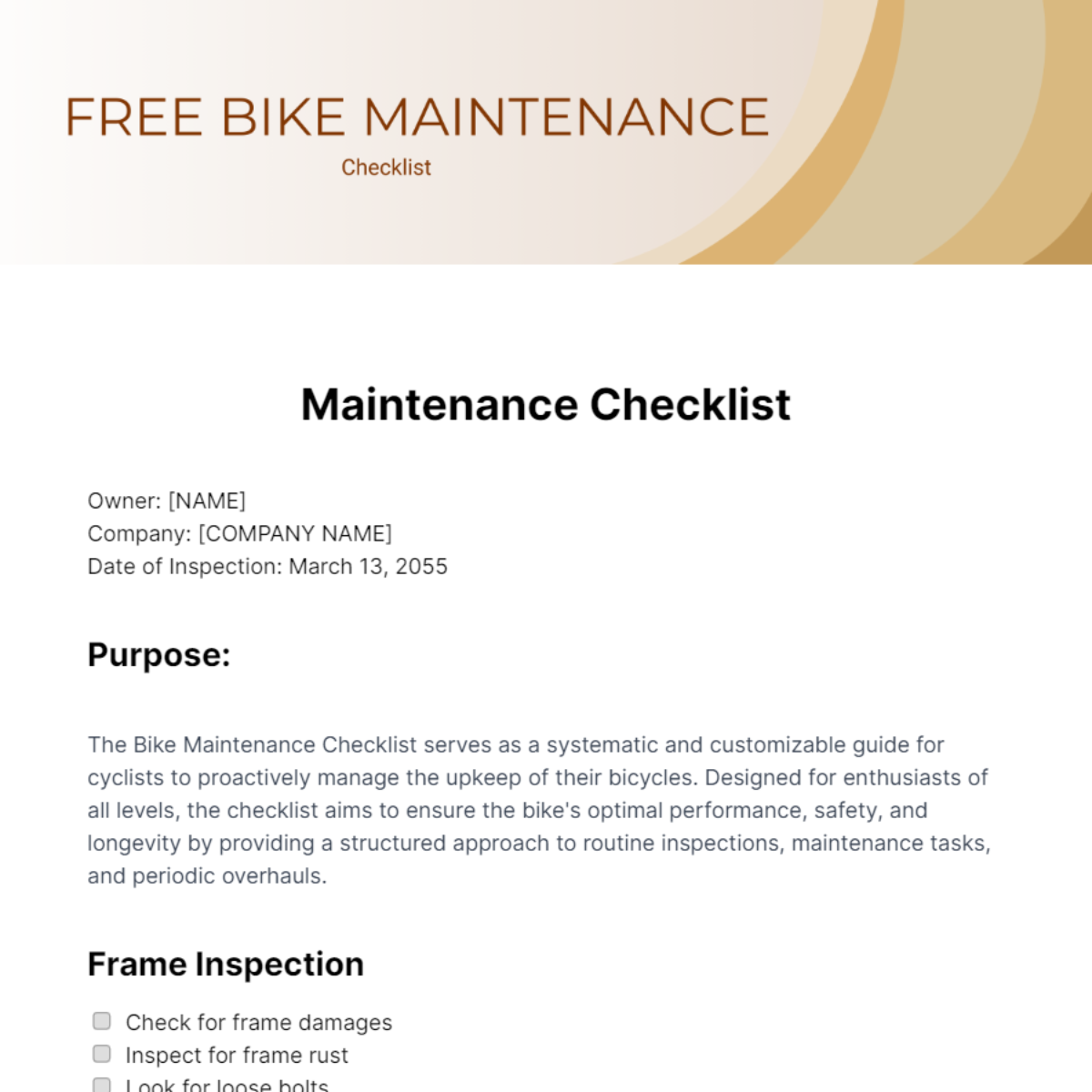Free Bike Maintenance Checklist Template