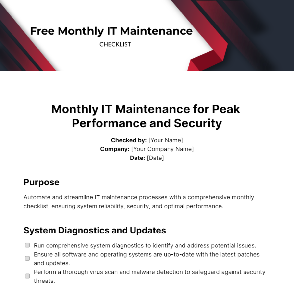 Free Monthly IT Maintenance Checklist Template