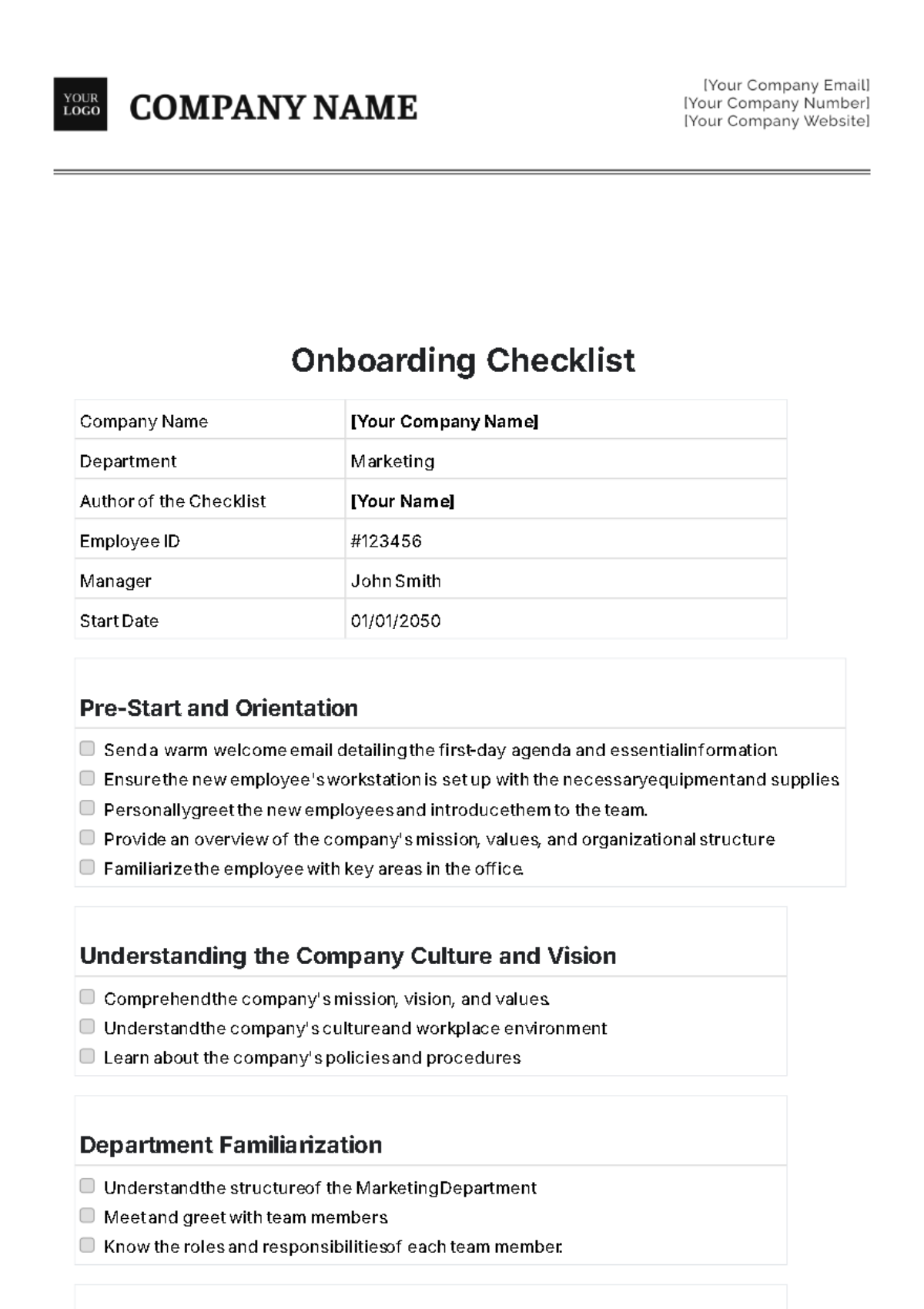 Onboarding Checklist Format Template - Edit Online & Download