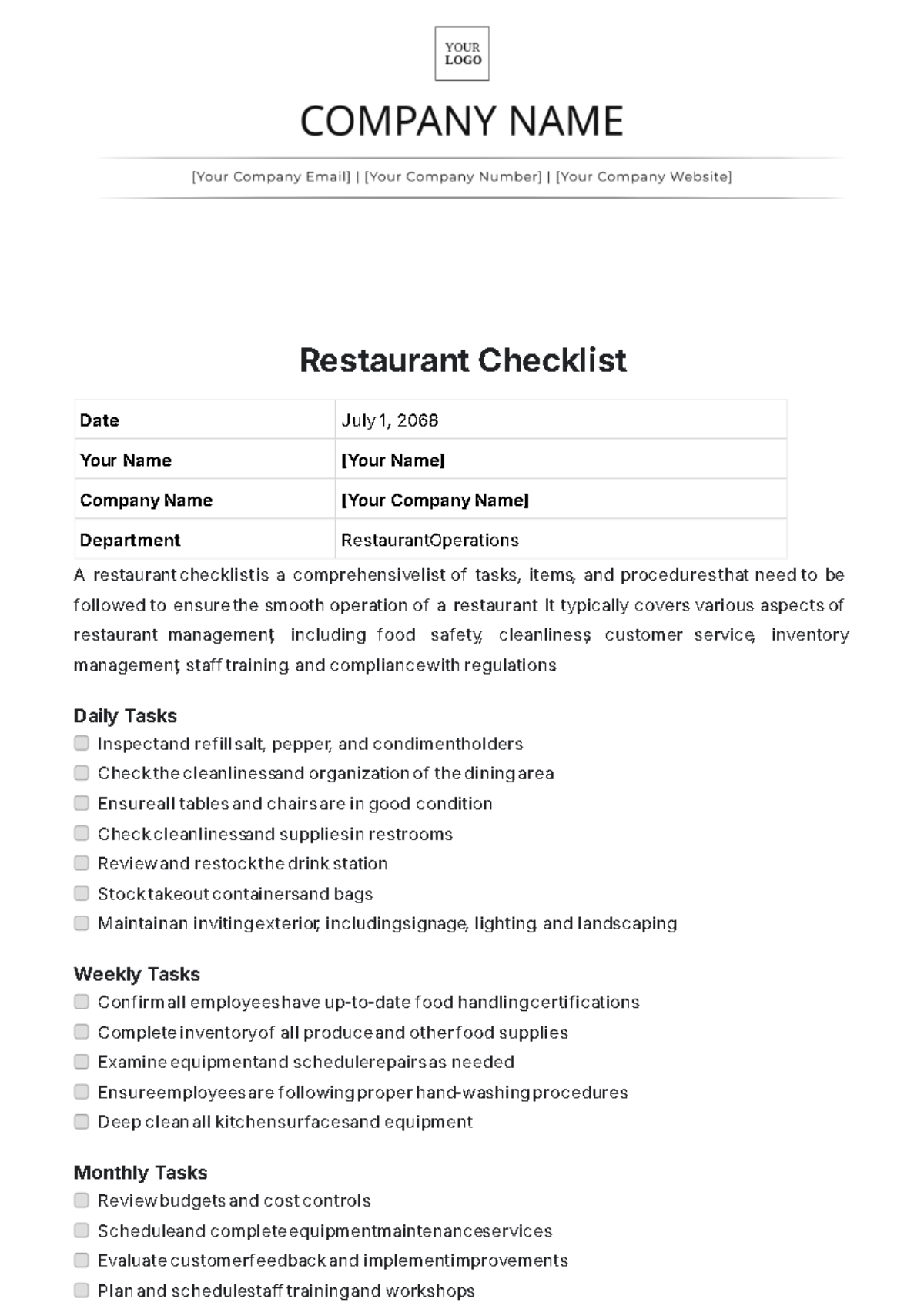 Restaurant Checklist Template