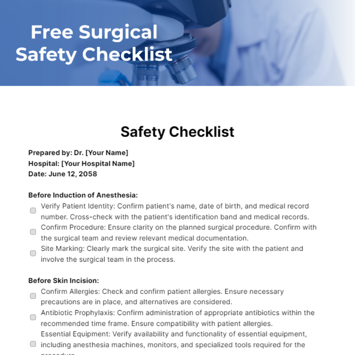 Free Surgical Safety Checklist Template