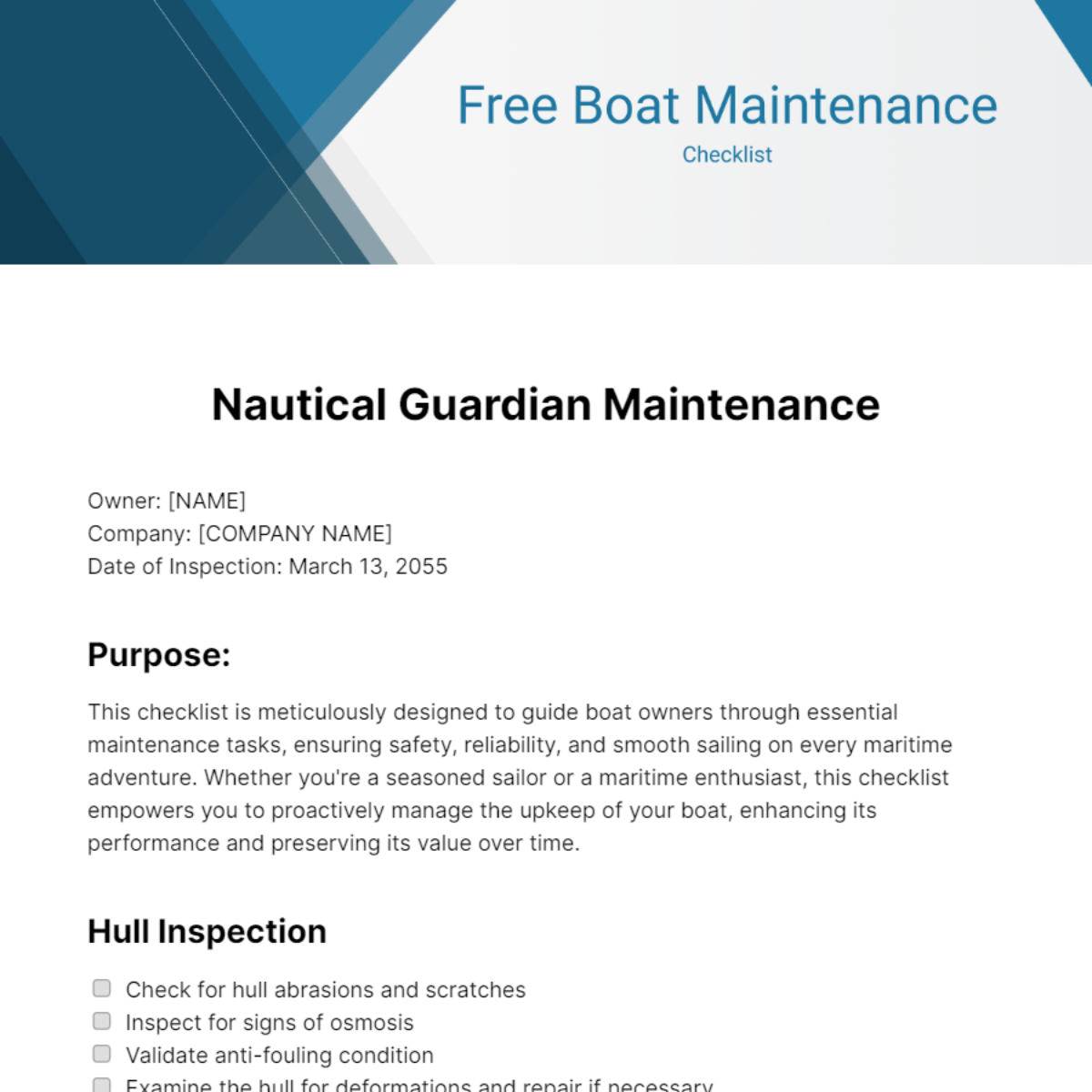 Free Boat Maintenance Checklist Template