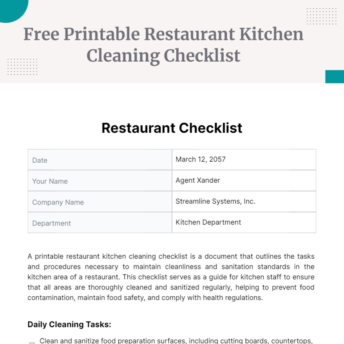 Printable Restaurant Kitchen Cleaning Checklist Template