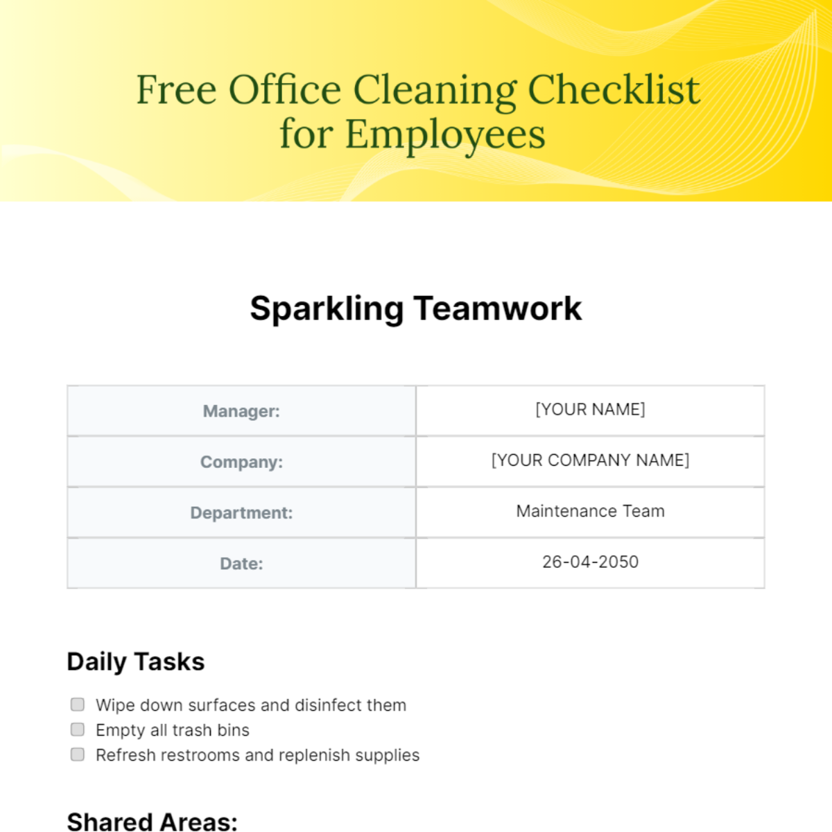 Office Cleaning Checklist for Employees Template