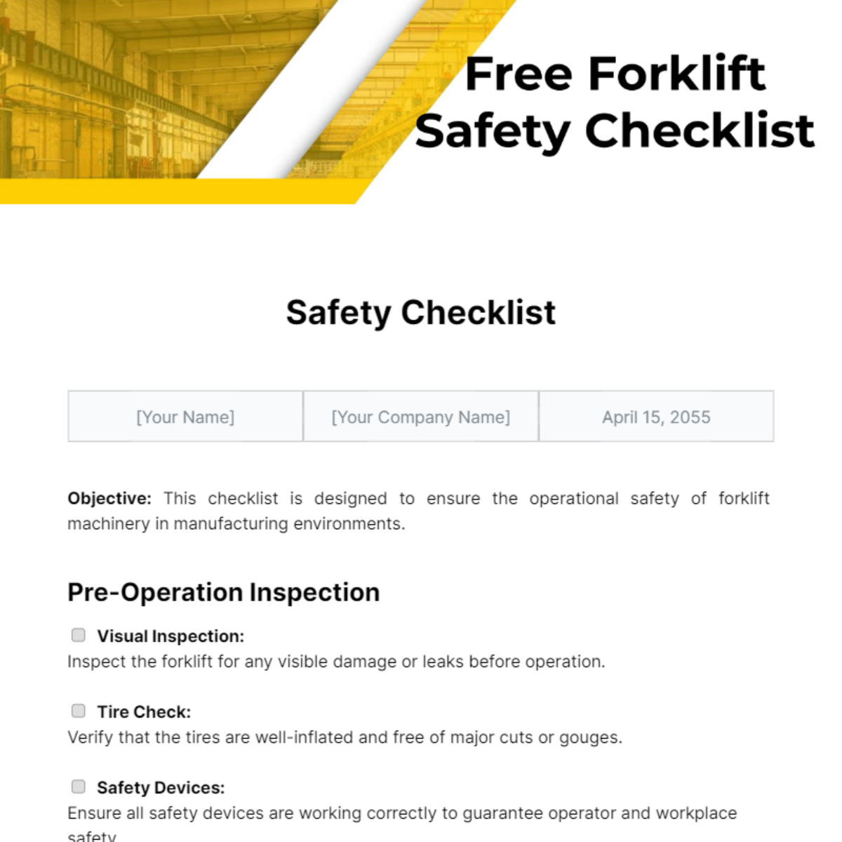 Free Forklift Safety Checklist Template
