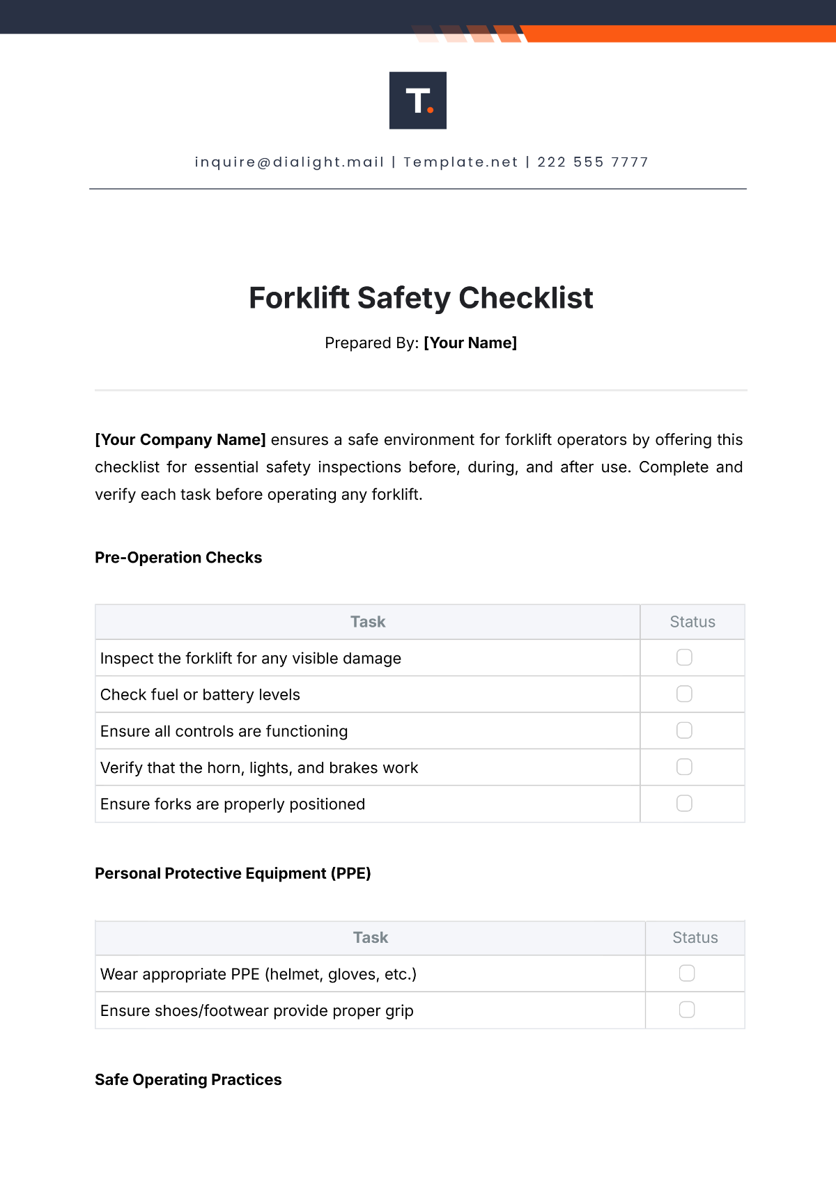 Forklift Safety Checklist Template - Edit Online & Download